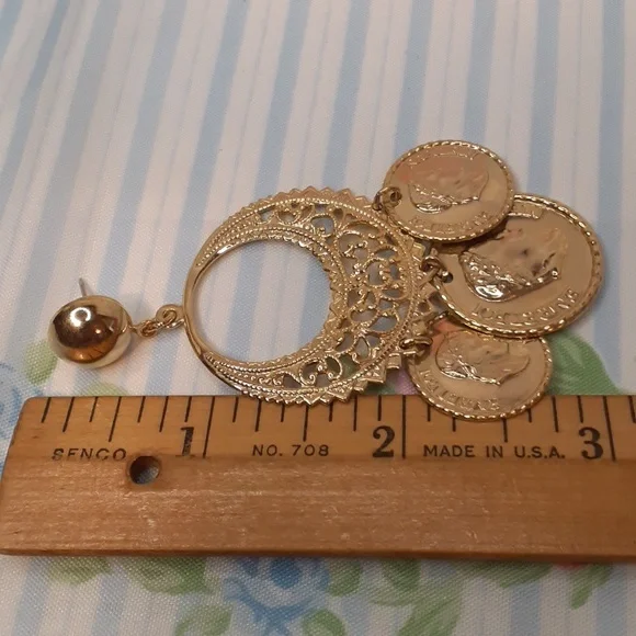 Gold Napoleon Faux Coin Filigree Dangle Pierced Earrings - Picture 4 of 4